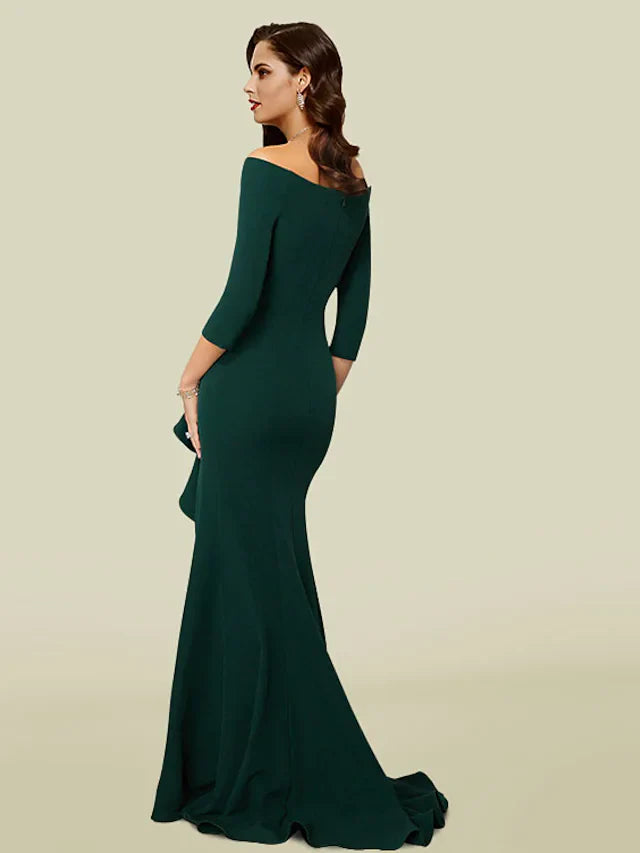 Wholesale Mermaid Trumpet Mother of the Bride Dress Elegant Sexy V Neck Off Shoulder Court Train Stretch Fabric Length Sleeve with Draping Split Front
